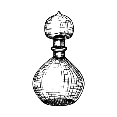 Hand sketched glass bottle illustration in vintage style. Glassware drawing for alchemy, medicine, cosmetics, or perfume. Alchemy laboratory equipment sketch. Magic lab tools isolated on white